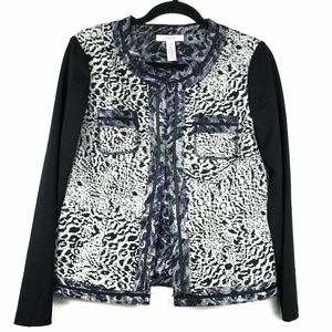 Chicos Blazer Leopard Chiffon Trim Raw Edge LS